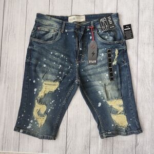Men's Distressed Blue Denim Shorts With Paint Splatter - Skinny Fit